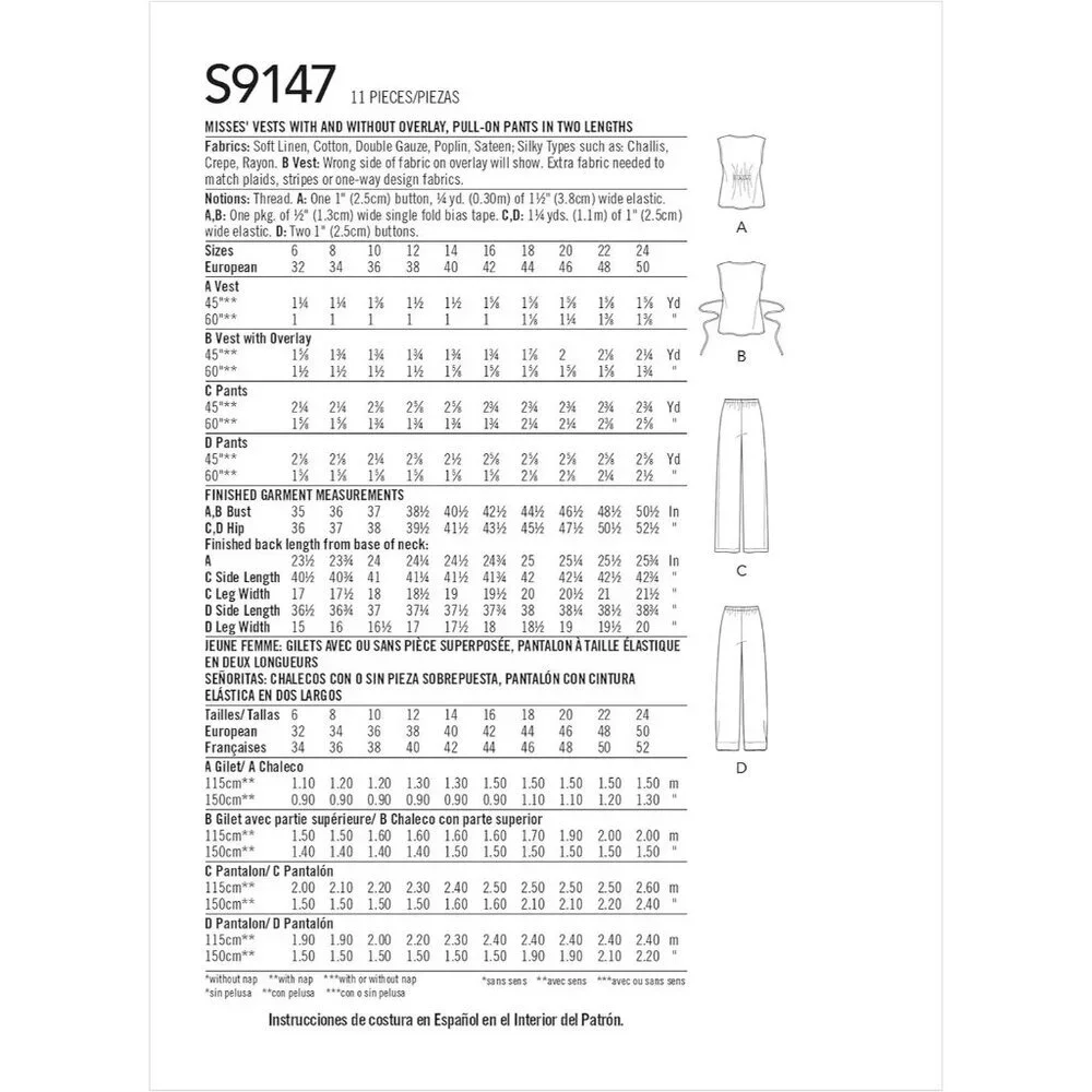 Simplicity S9147 Misses‎ Easy-To-Sew Vest & Pull-On Pants Pattern Sizes 6-14